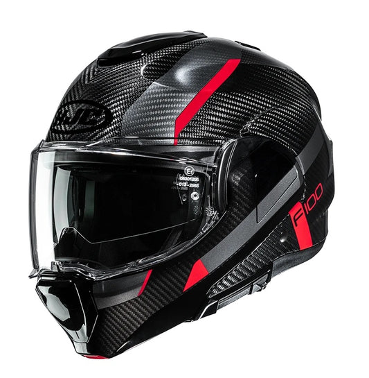 CASCO MODULARE HJC F100 CARBON ASKAN MC1 NERO GRIGIO ROSSO LUCIDO
