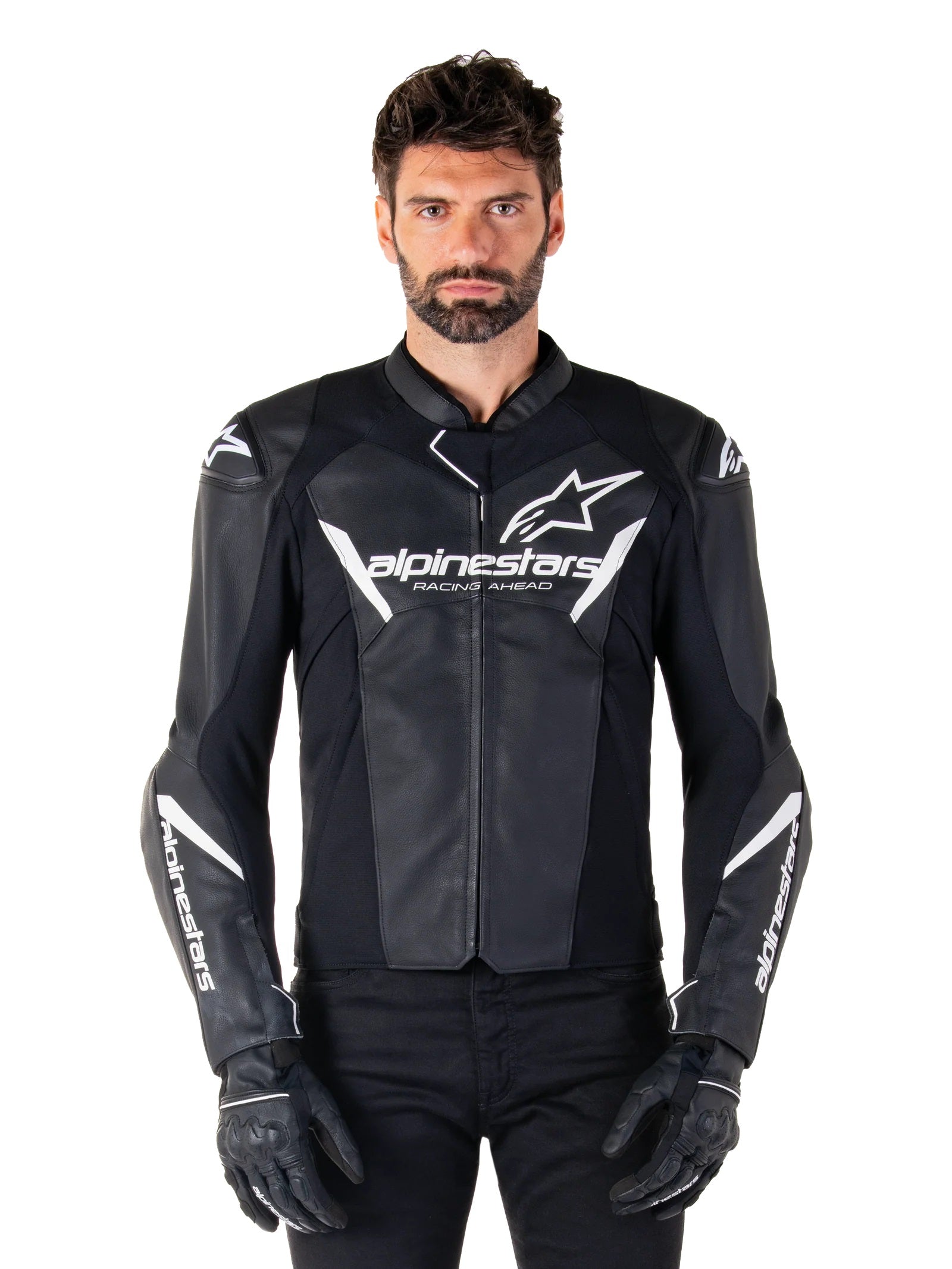 GIUBBINO ALPINESTARS FASTER V3 LEATHER JACKET NERO BIANCO